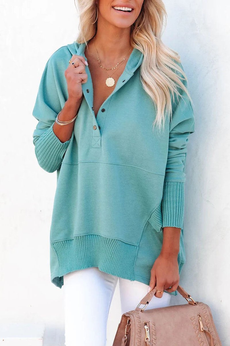 Women's Oversized Snap Placket Henley Hooded Sweatshirt