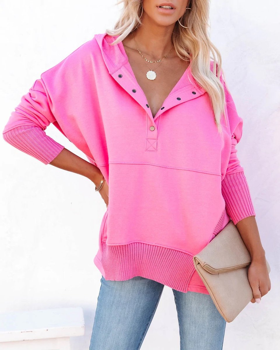 Women's Oversized Snap Placket Henley Hooded Sweatshirt