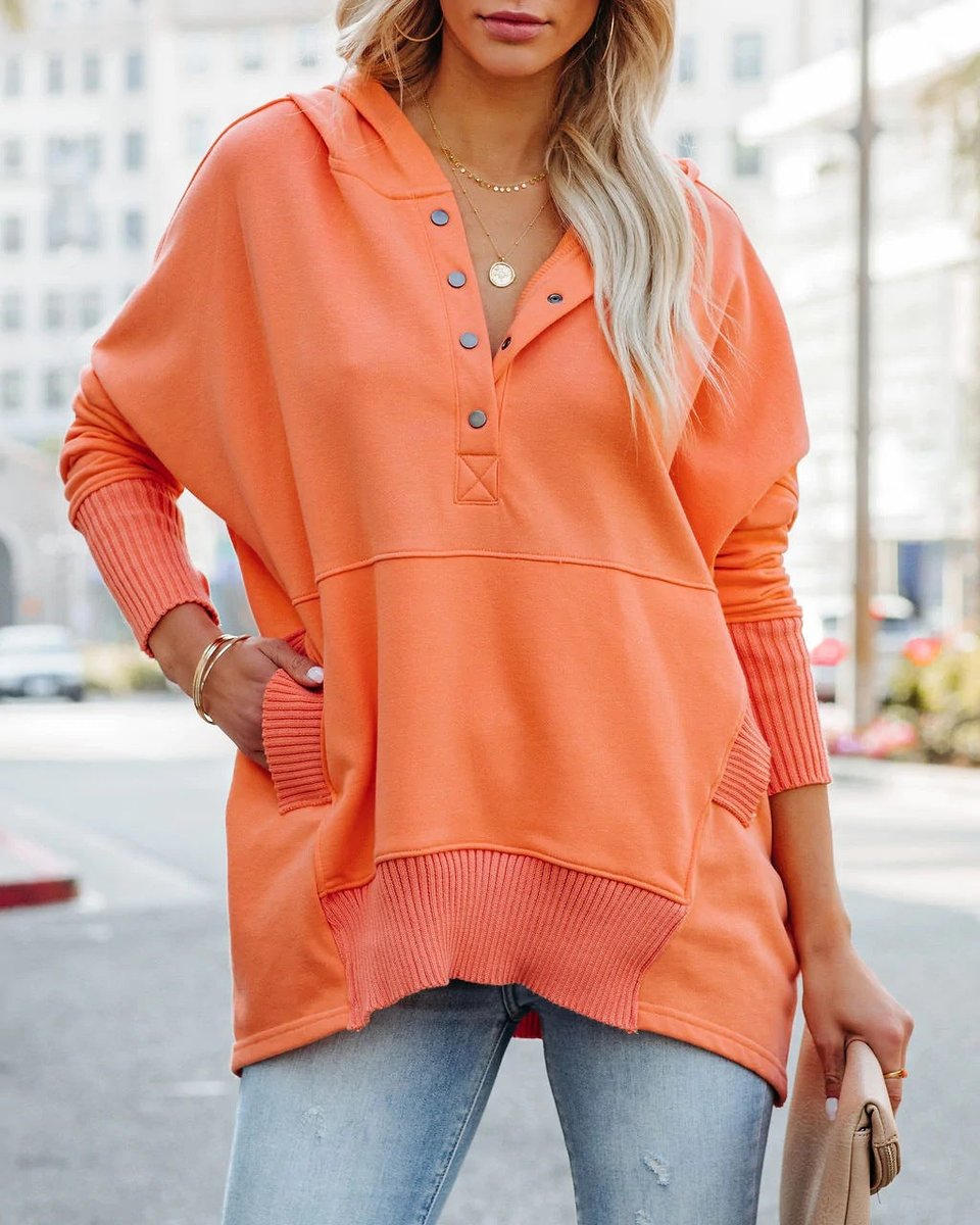 Women's Oversized Snap Placket Henley Hooded Sweatshirt