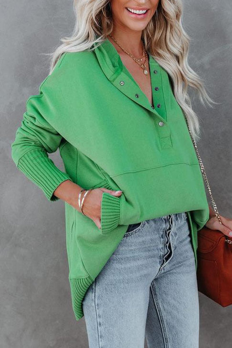 Women's Oversized Snap Placket Henley Hooded Sweatshirt