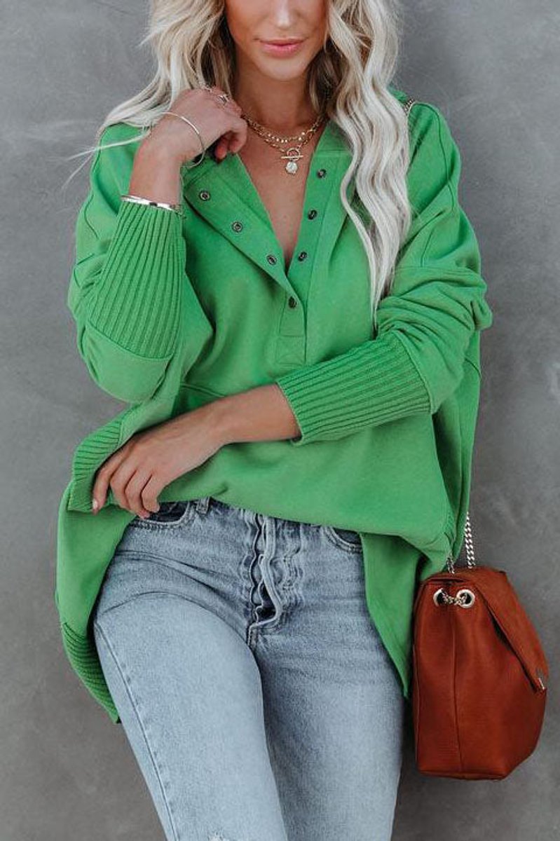 Women's Oversized Snap Placket Henley Hooded Sweatshirt