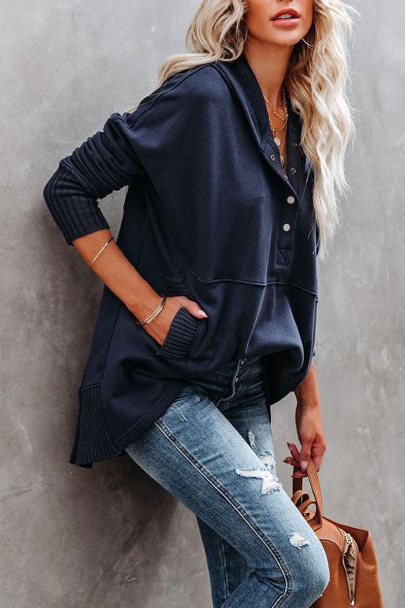 Women's Oversized Snap Placket Henley Hooded Sweatshirt