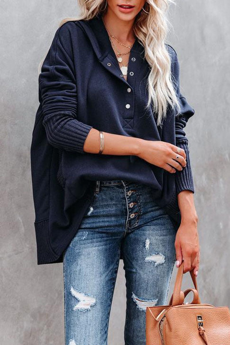Women's Oversized Snap Placket Henley Hooded Sweatshirt