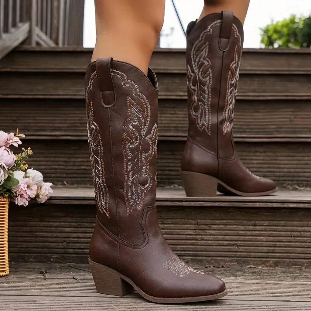 Women's Block Heel Cowgirl Boots with Embroidered Vamp