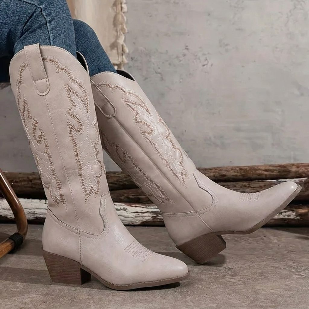 Women's Block Heel Cowgirl Boots with Embroidered Vamp