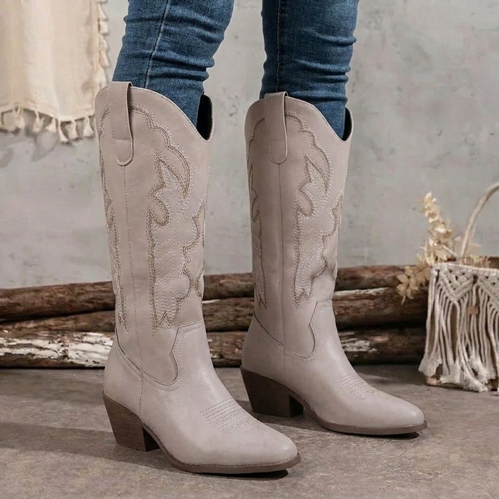 Women's Block Heel Cowgirl Boots with Embroidered Vamp