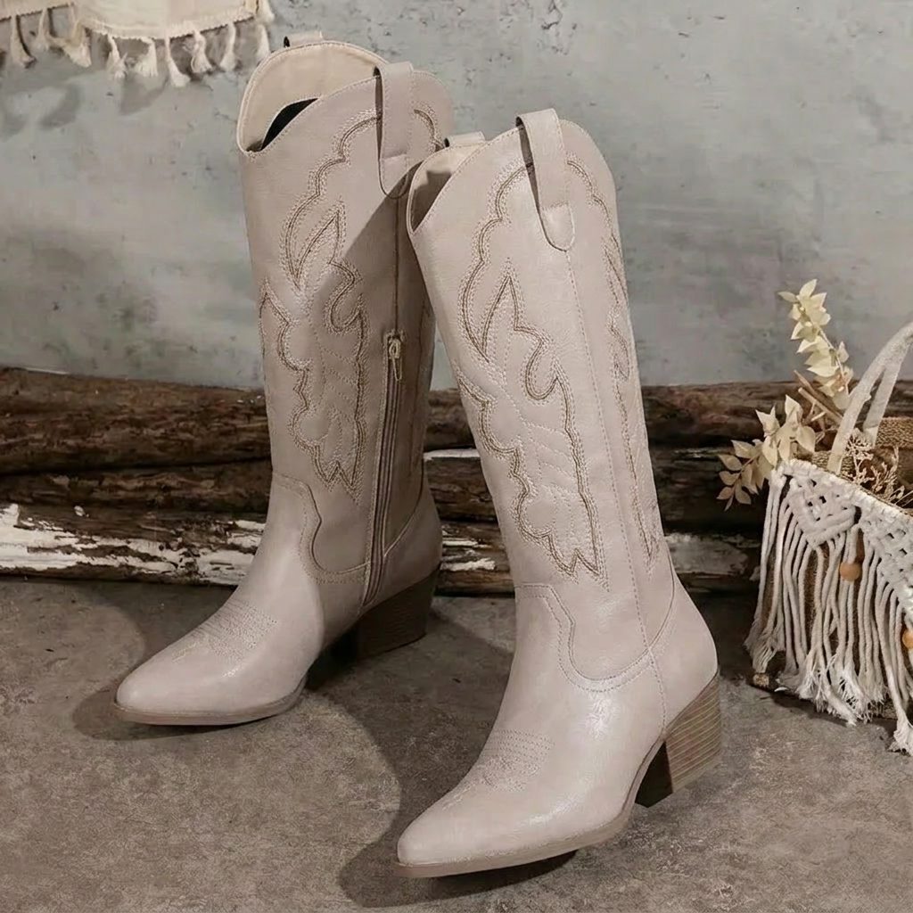 Women's Block Heel Cowgirl Boots with Embroidered Vamp