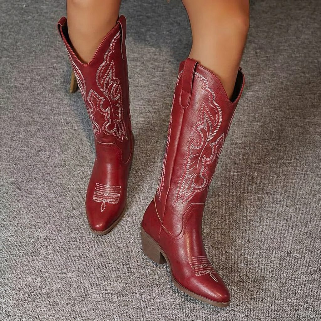 Women's Block Heel Cowgirl Boots with Embroidered Vamp