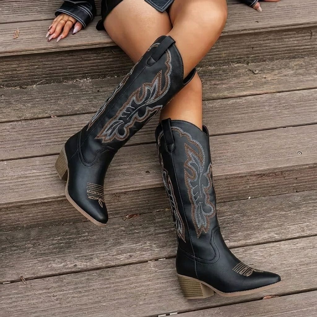 Women's Block Heel Cowgirl Boots with Embroidered Vamp