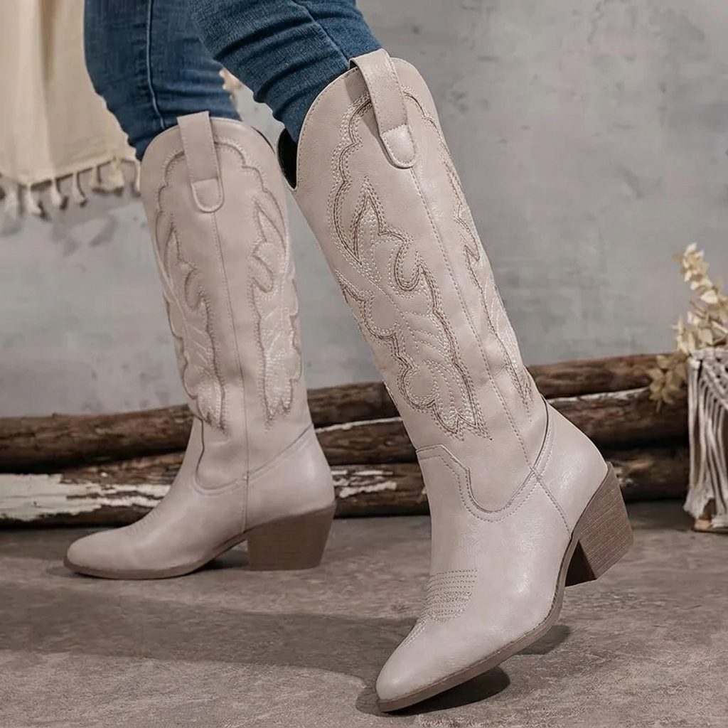 Women's Block Heel Cowgirl Boots with Embroidered Vamp