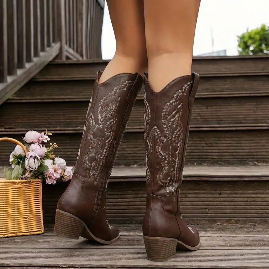Women's Block Heel Cowgirl Boots with Embroidered Vamp