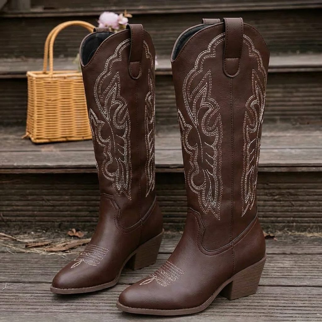 Women's Block Heel Cowgirl Boots with Embroidered Vamp