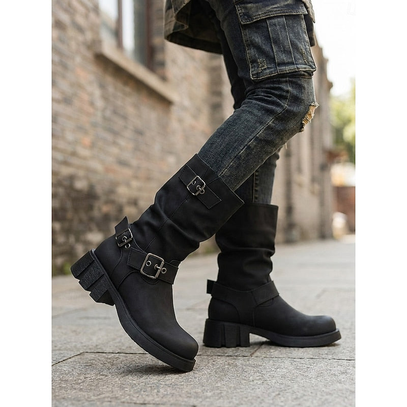 Women's Lug Sole Moto Boots with Chunky Block Heel