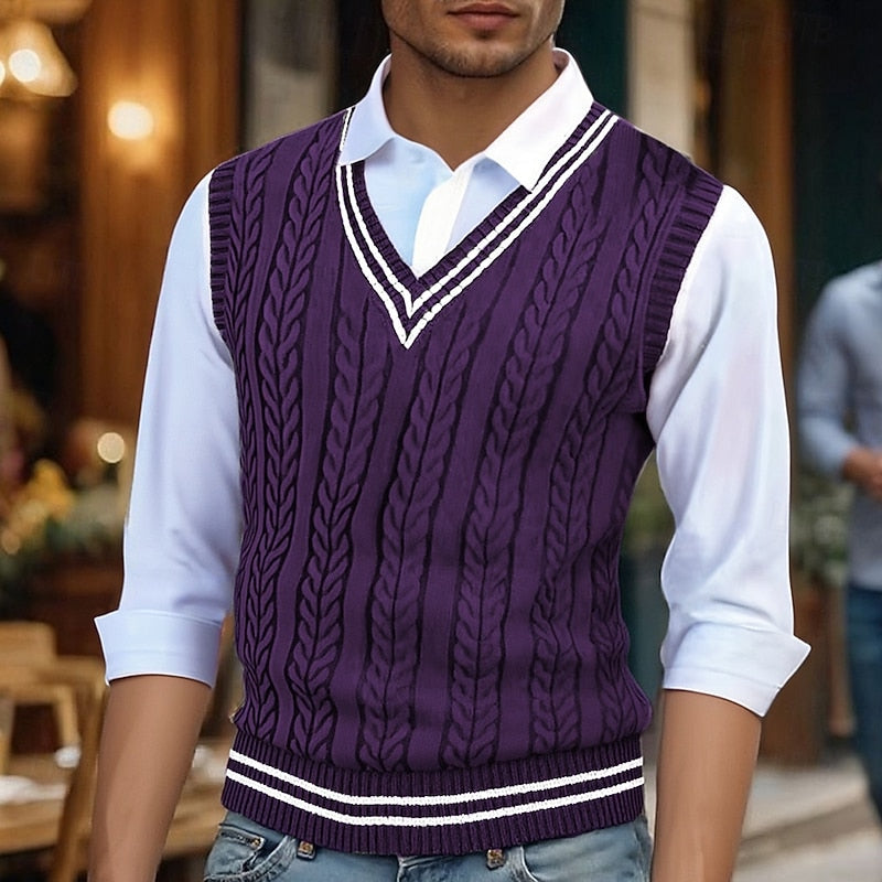 Men's V-Neck Striped Cable Knit Layering Vest