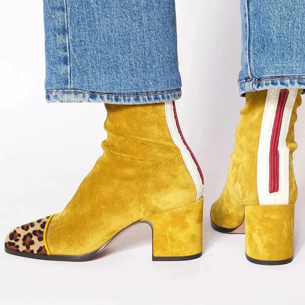 Women's Suede Ankle Booties with Leopard Toe and Block Heel