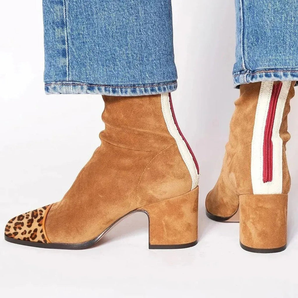 Women's Suede Ankle Booties with Leopard Toe and Block Heel
