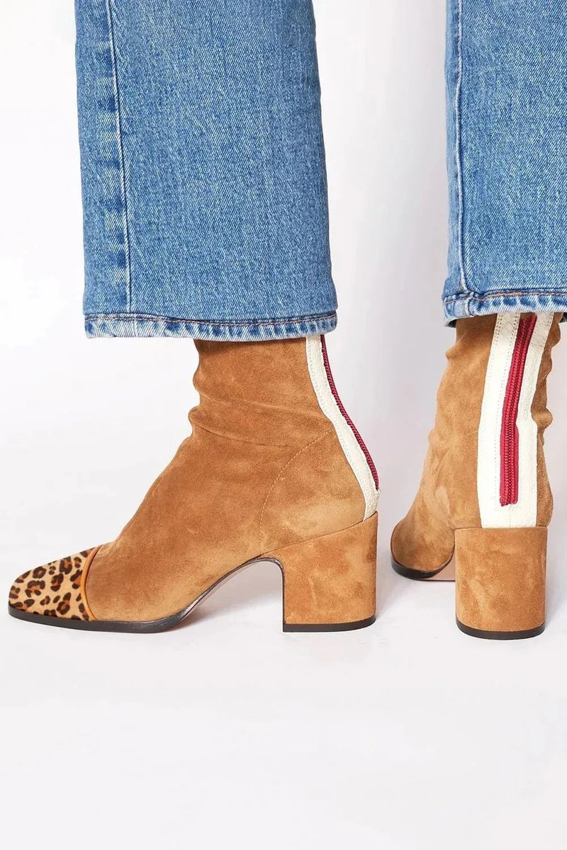 Women's Suede Ankle Booties with Leopard Toe and Block Heel