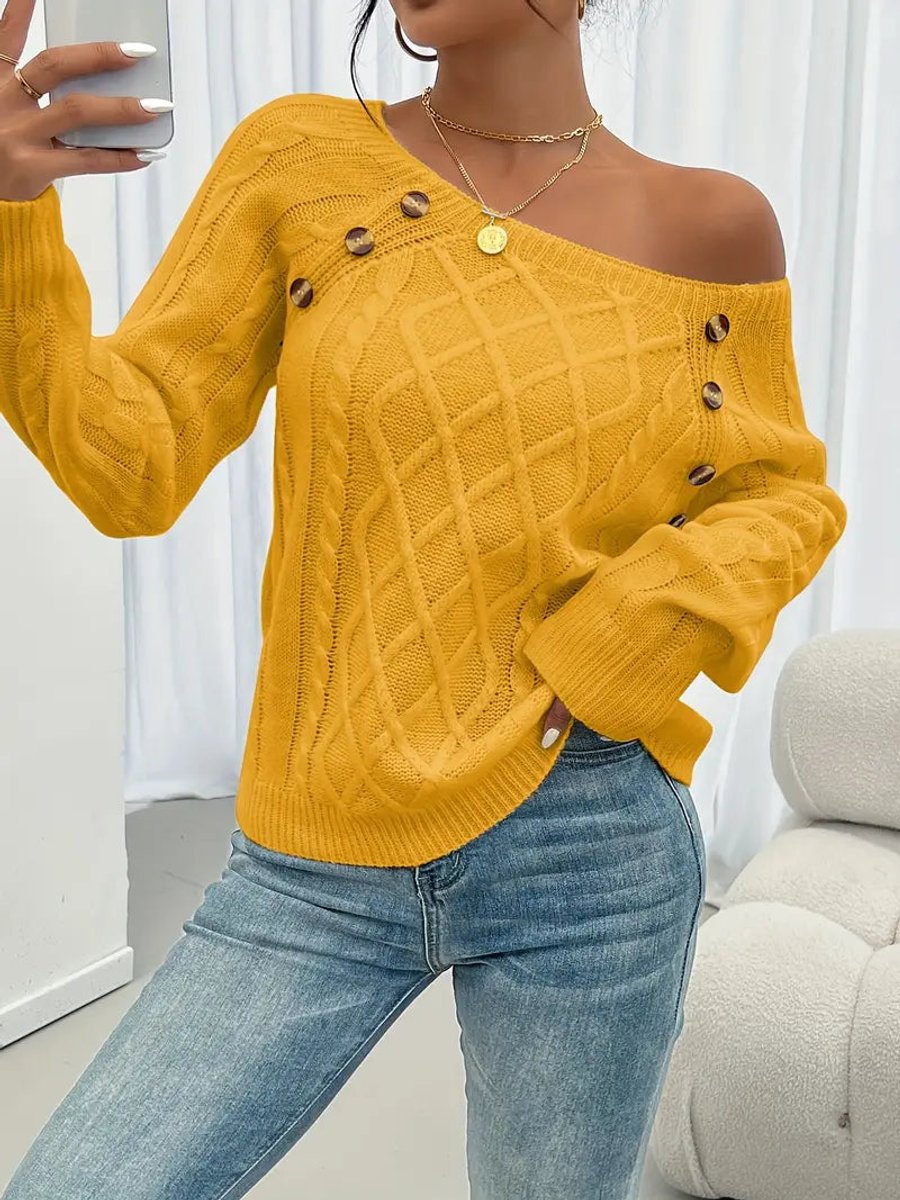 Women's Raglan Sleeve Cable Knit Pullover with Buttons