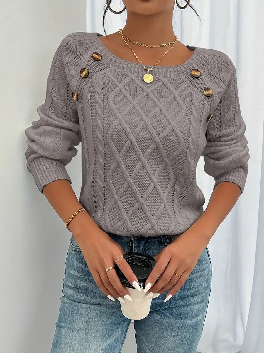 Women's Raglan Sleeve Cable Knit Pullover with Buttons
