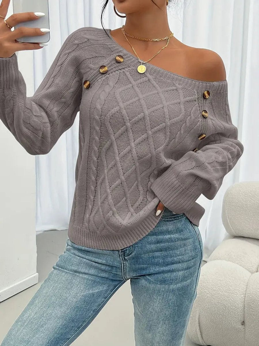 Women's Raglan Sleeve Cable Knit Pullover with Buttons