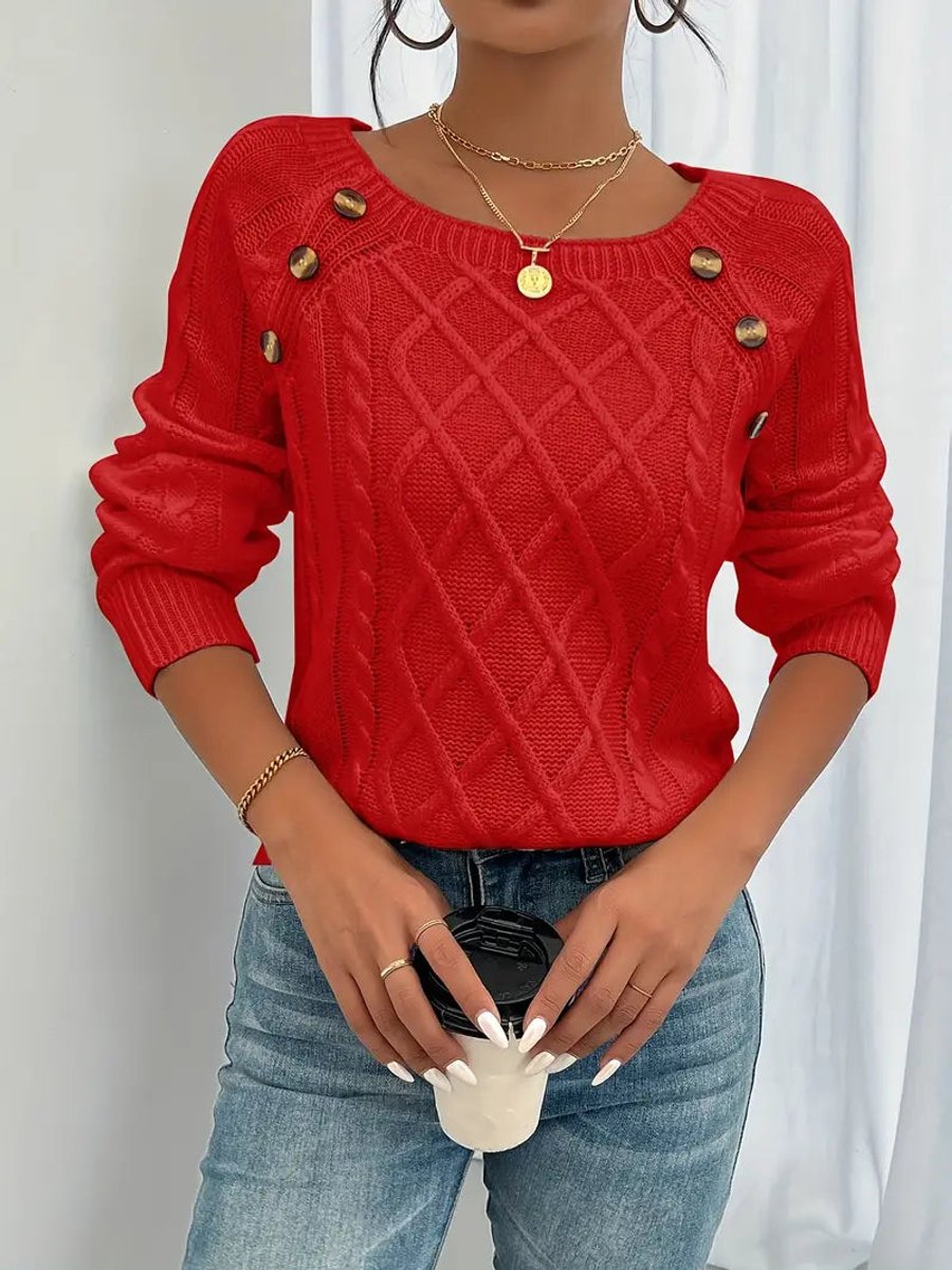Women's Raglan Sleeve Cable Knit Pullover with Buttons