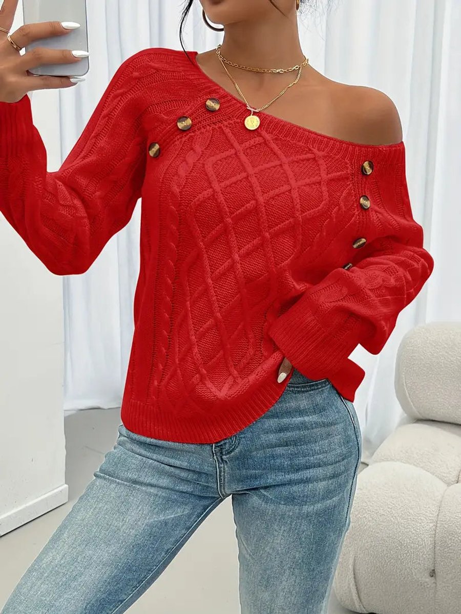 Women's Raglan Sleeve Cable Knit Pullover with Buttons