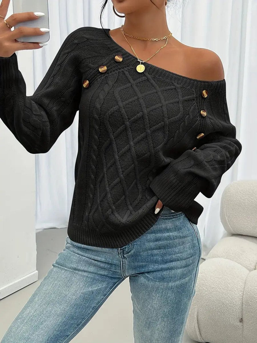 Women's Raglan Sleeve Cable Knit Pullover with Buttons
