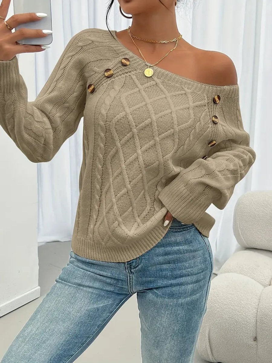 Women's Raglan Sleeve Cable Knit Pullover with Buttons