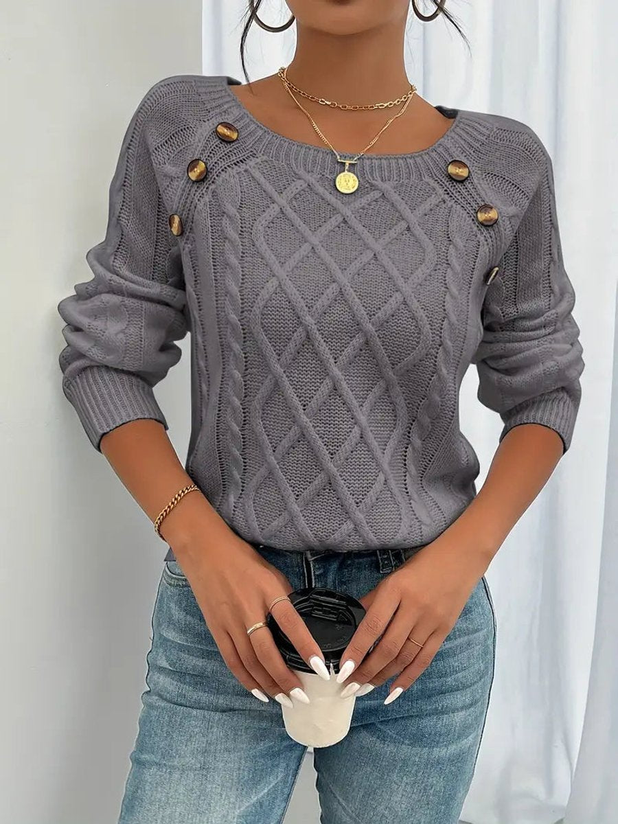 Women's Raglan Sleeve Cable Knit Pullover with Buttons