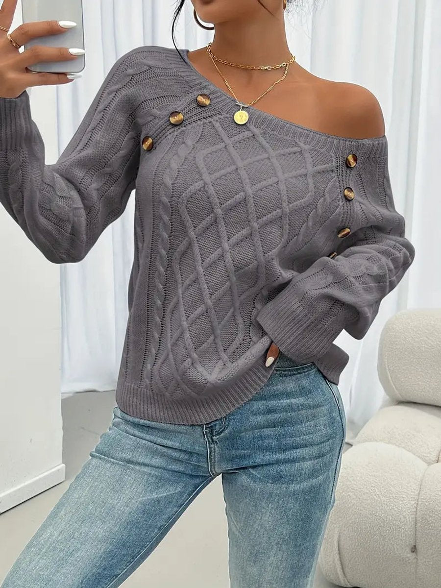 Women's Raglan Sleeve Cable Knit Pullover with Buttons