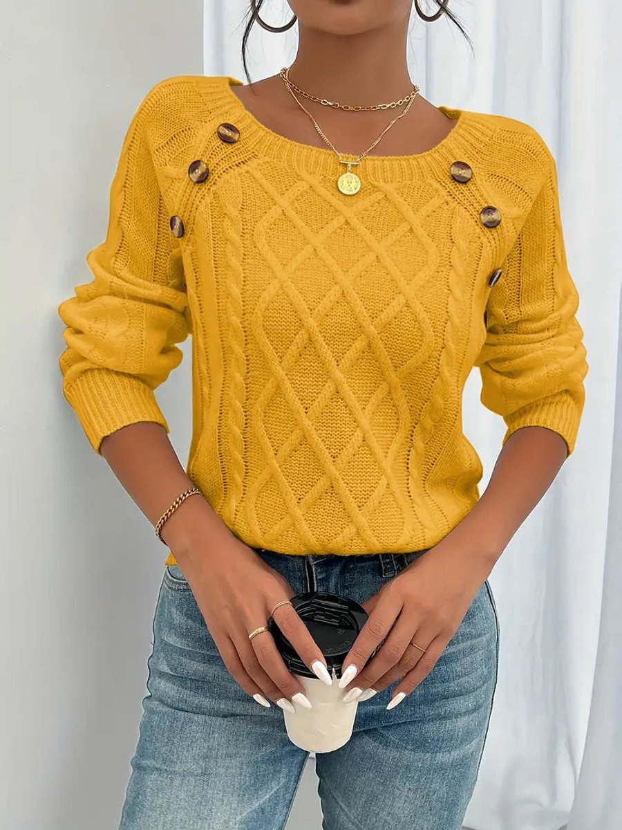 Women's Raglan Sleeve Cable Knit Pullover with Buttons