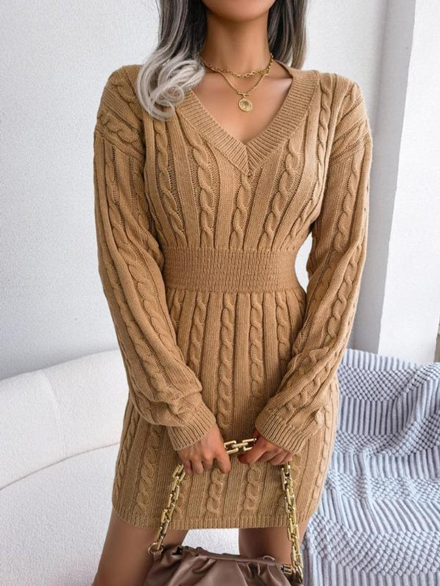 Women's Deep V Neckline Cable Knit Long Sleeve Dress