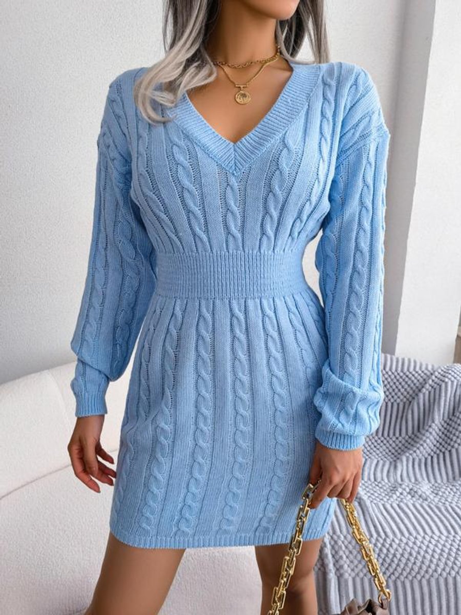 Women's Deep V Neckline Cable Knit Long Sleeve Dress