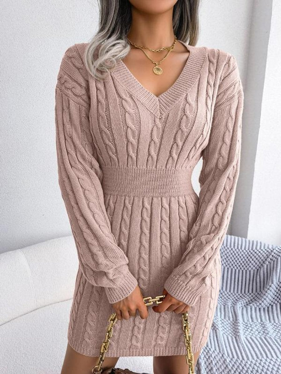 Women's Deep V Neckline Cable Knit Long Sleeve Dress