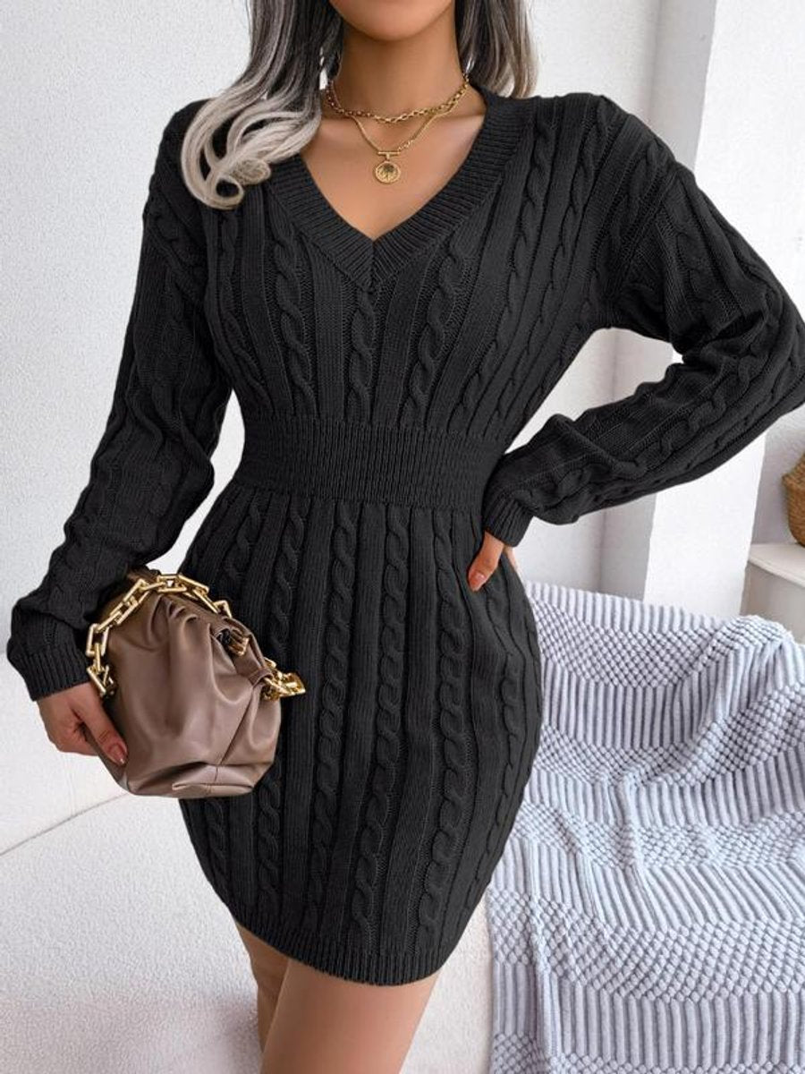 Women's Deep V Neckline Cable Knit Long Sleeve Dress