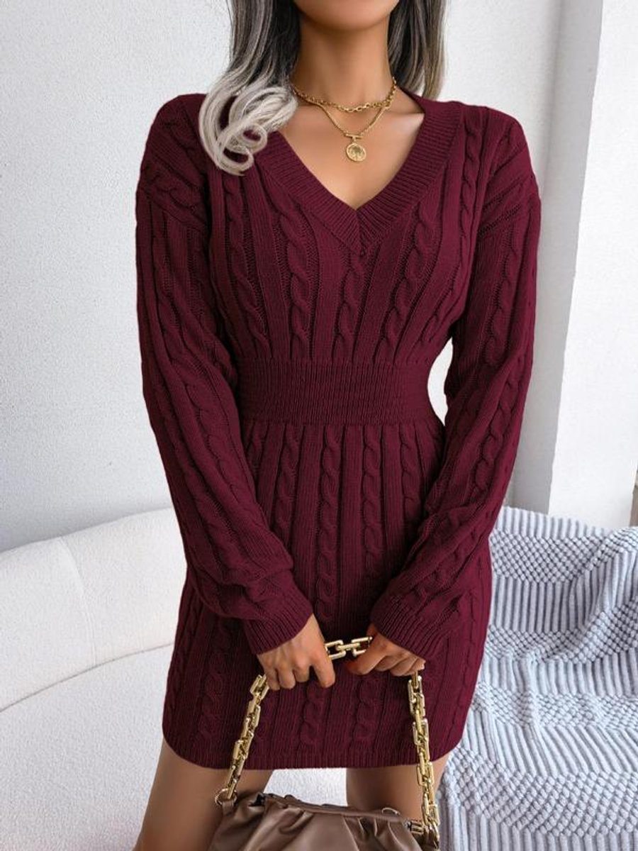 Women's Deep V Neckline Cable Knit Long Sleeve Dress
