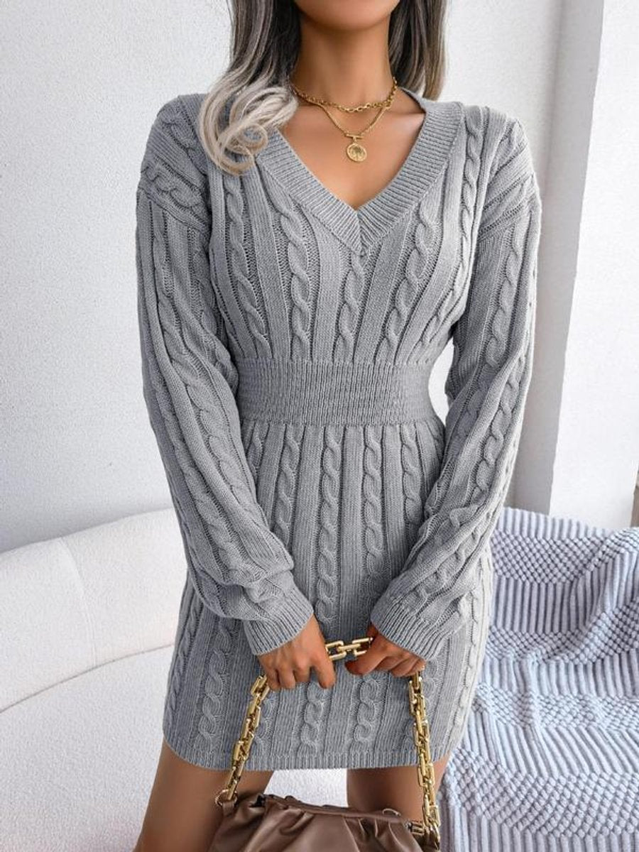 Women's Deep V Neckline Cable Knit Long Sleeve Dress