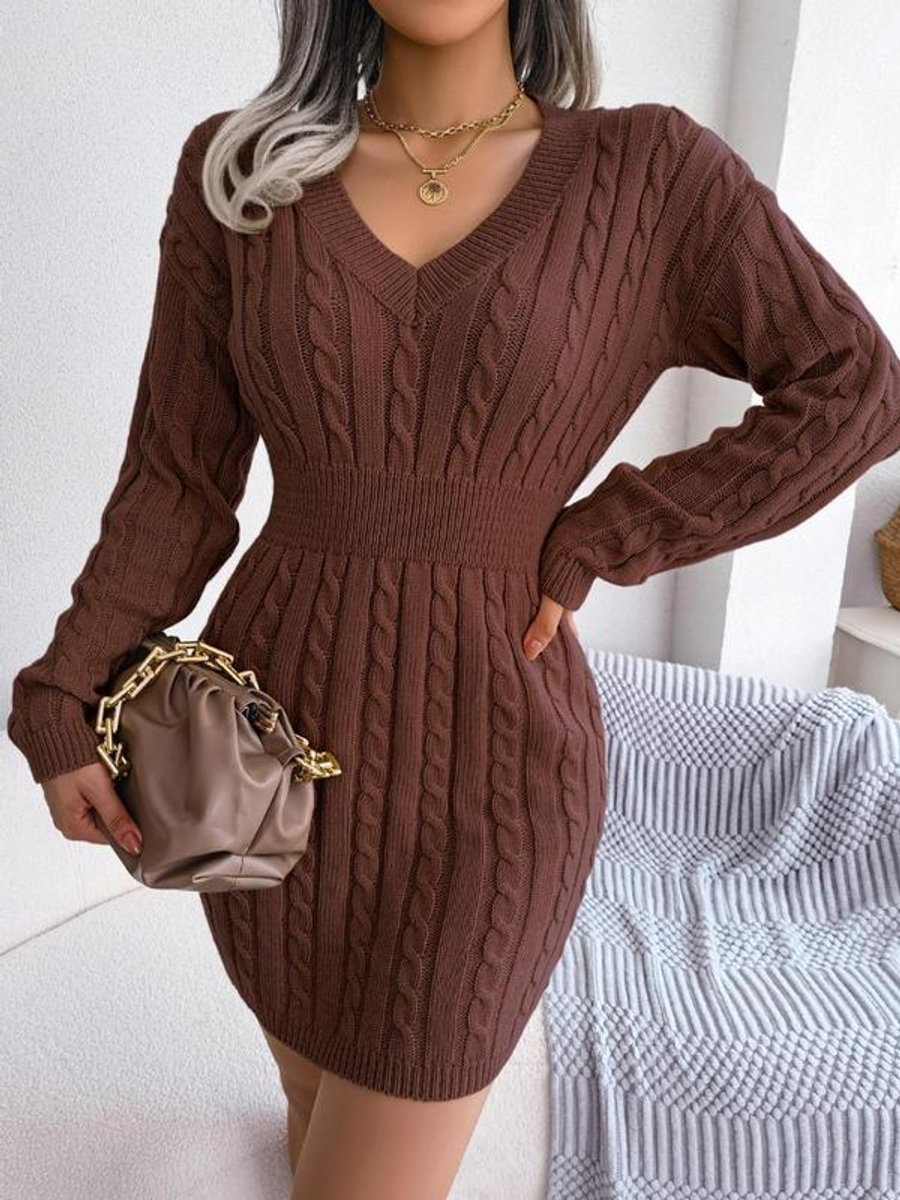 Women's Deep V Neckline Cable Knit Long Sleeve Dress