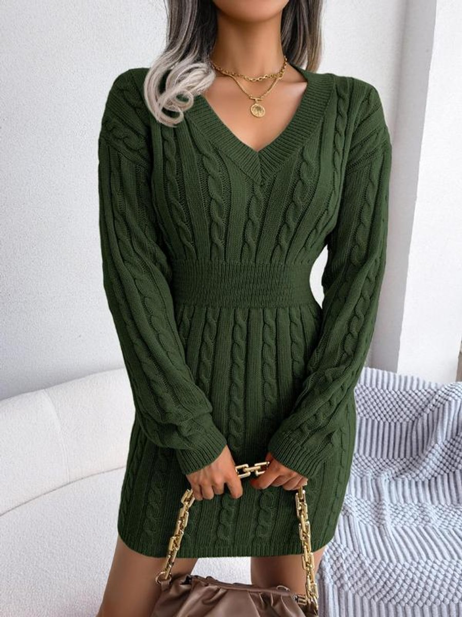 Women's Deep V Neckline Cable Knit Long Sleeve Dress