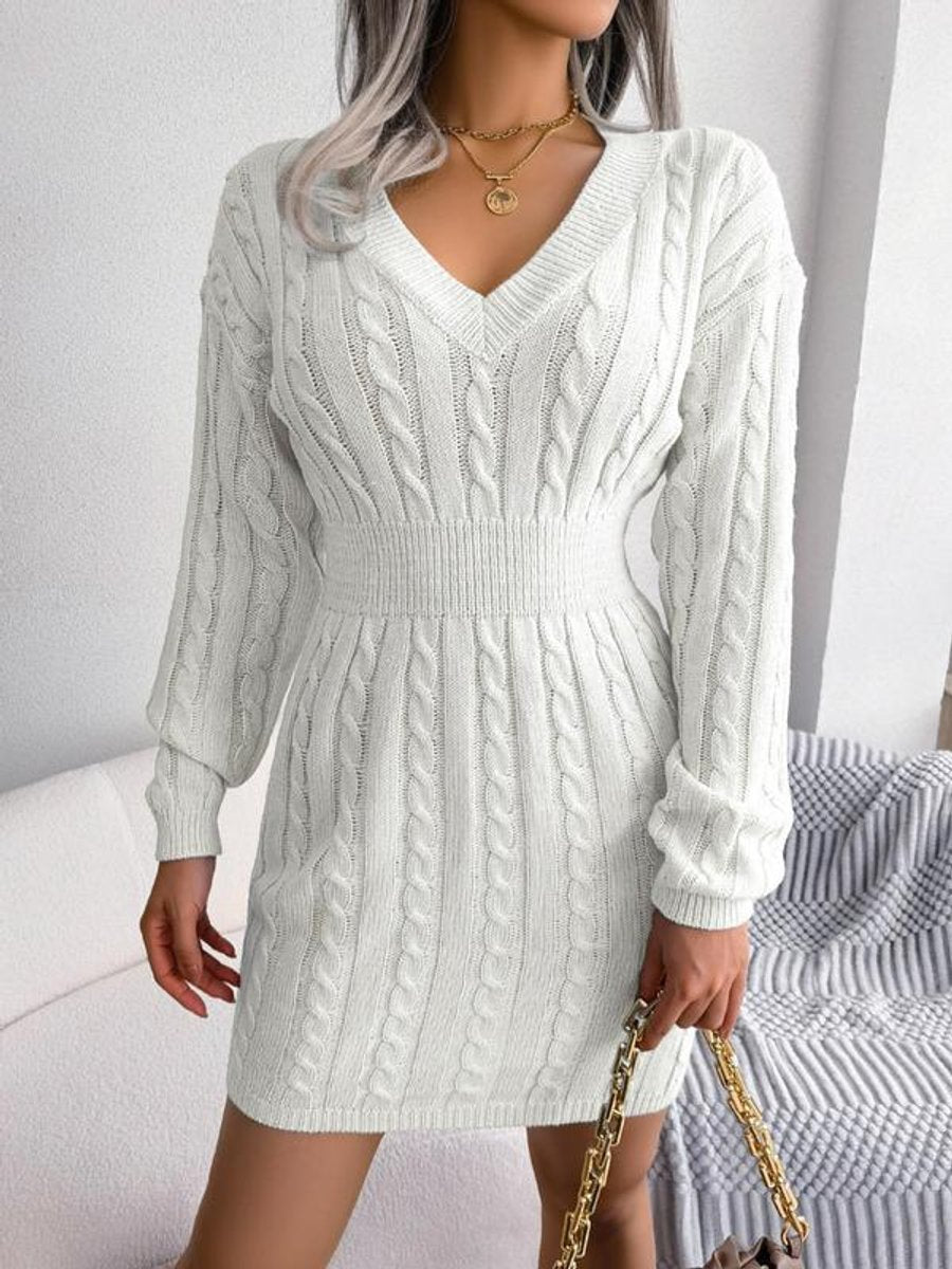 Women's Deep V Neckline Cable Knit Long Sleeve Dress