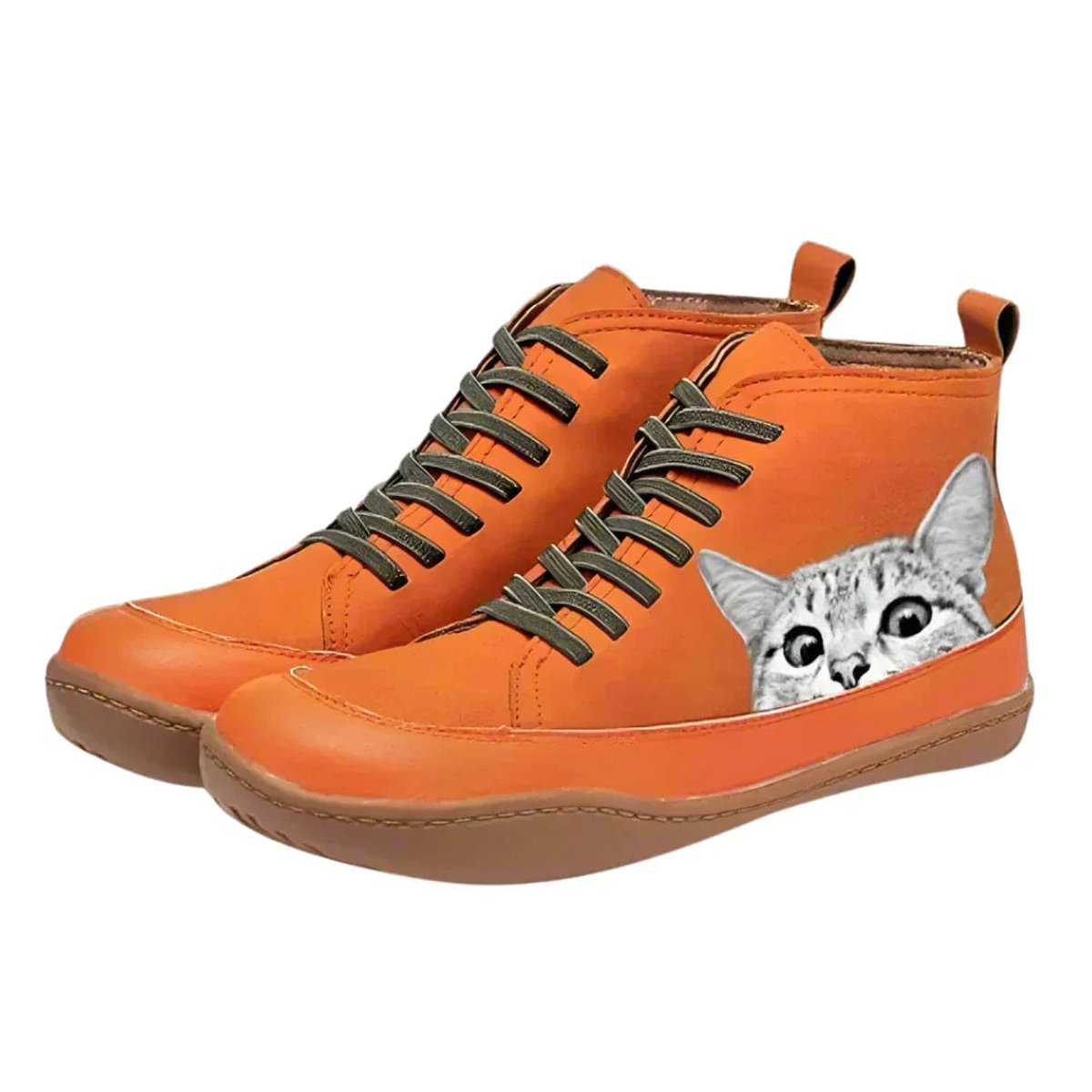 Women's High-Top Lace-Up Cat Print Leather Ankle Booties