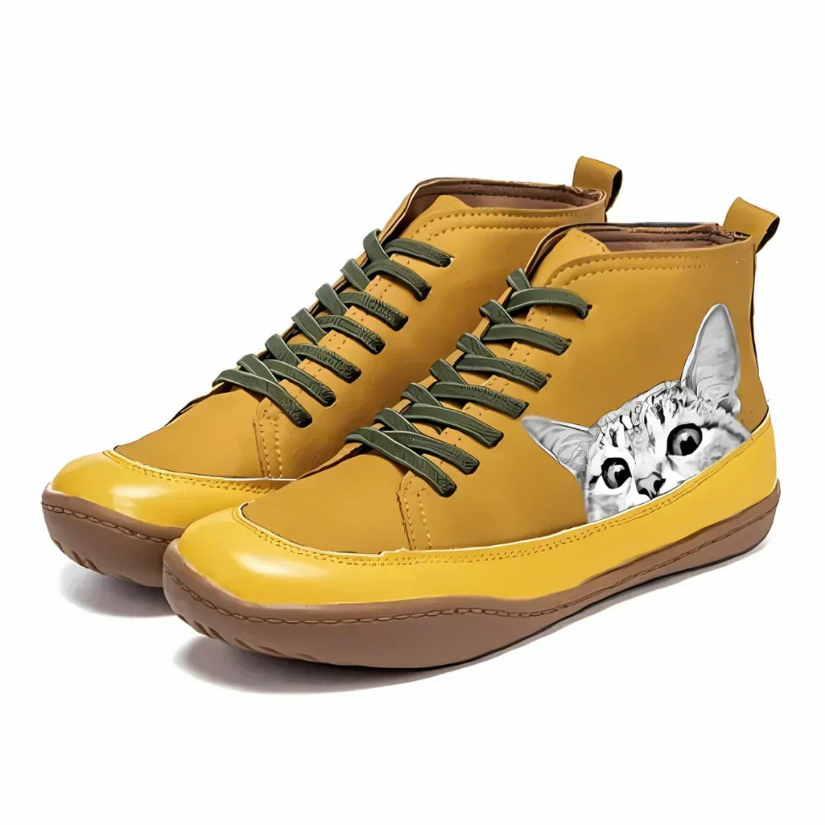 Women's High-Top Lace-Up Cat Print Leather Ankle Booties