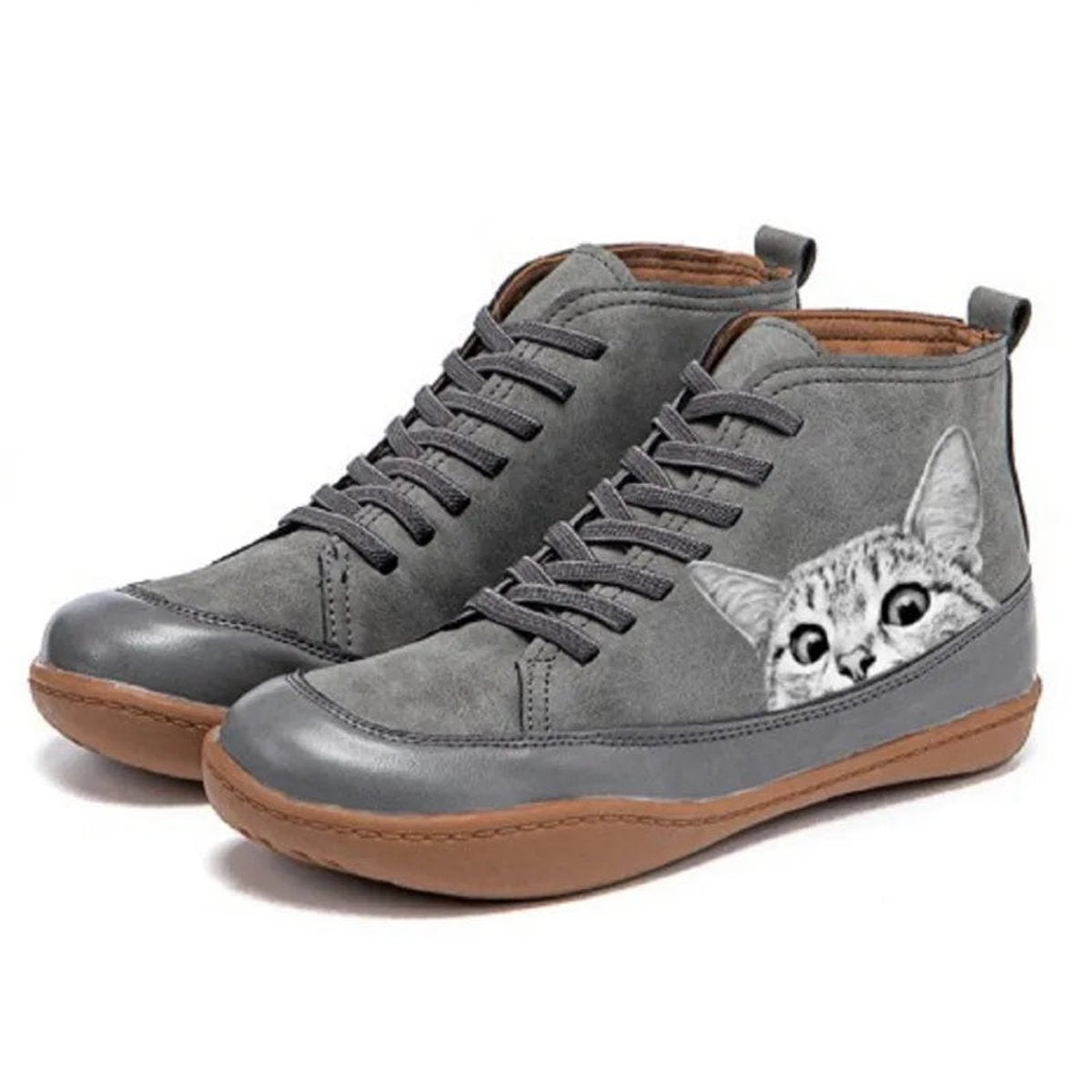 Women's High-Top Lace-Up Cat Print Leather Ankle Booties
