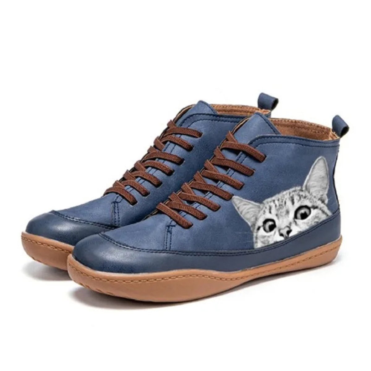 Women's High-Top Lace-Up Cat Print Leather Ankle Booties