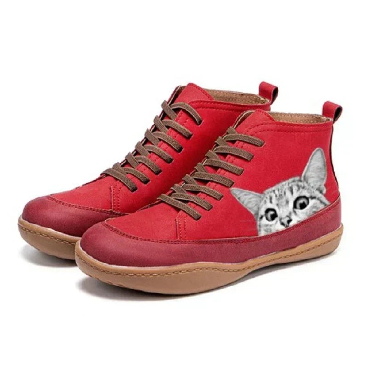 Women's High-Top Lace-Up Cat Print Leather Ankle Booties