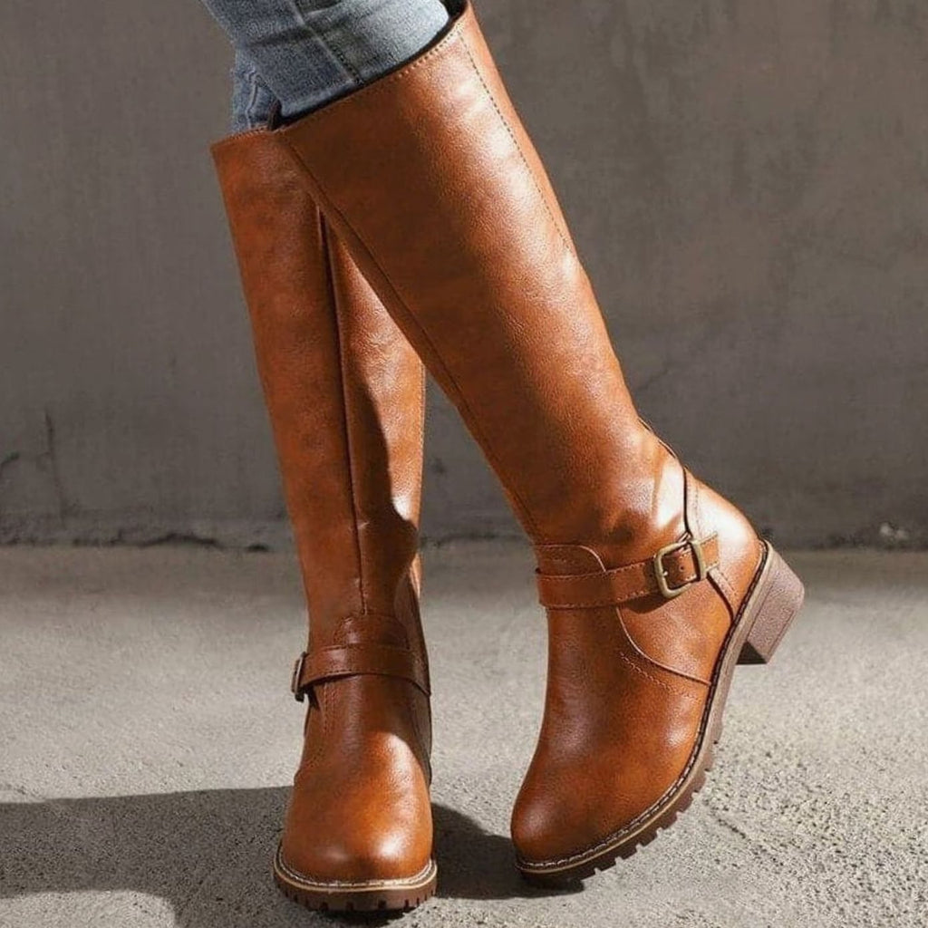 Women's Faux Leather Knee High Boots with Buckle Strap Detail