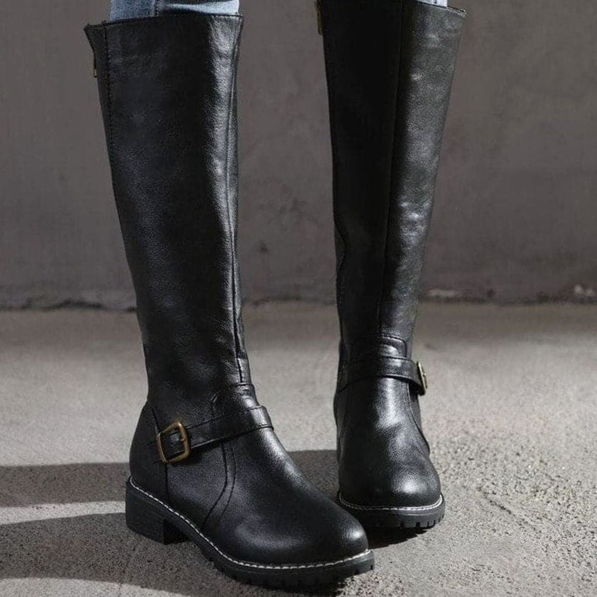Women's Faux Leather Knee High Boots with Buckle Strap Detail