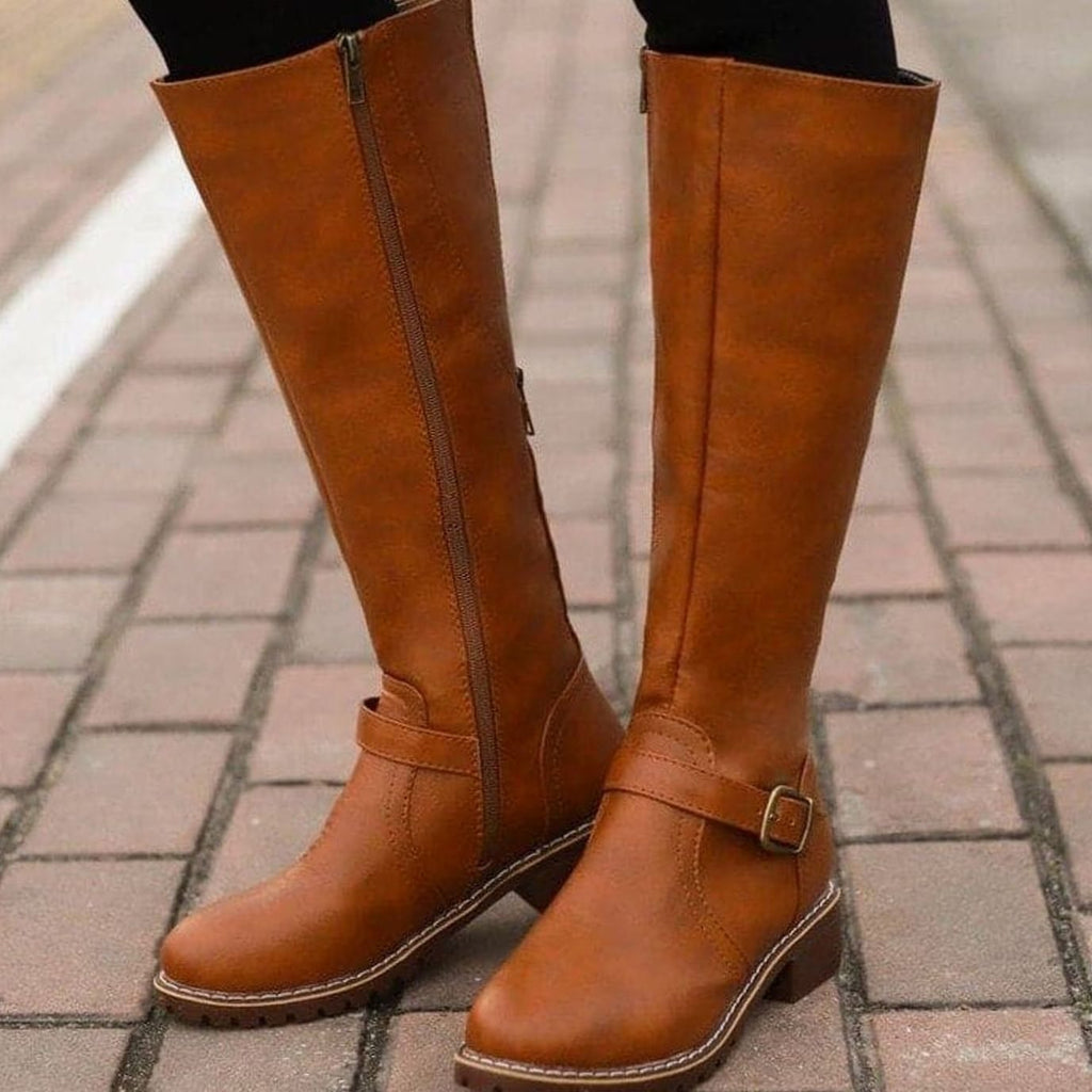 Women's Faux Leather Knee High Boots with Buckle Strap Detail