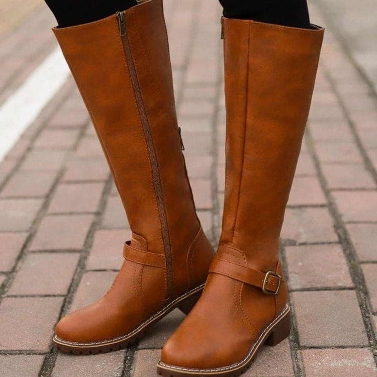 Women's Faux Leather Knee High Boots with Buckle Strap Detail