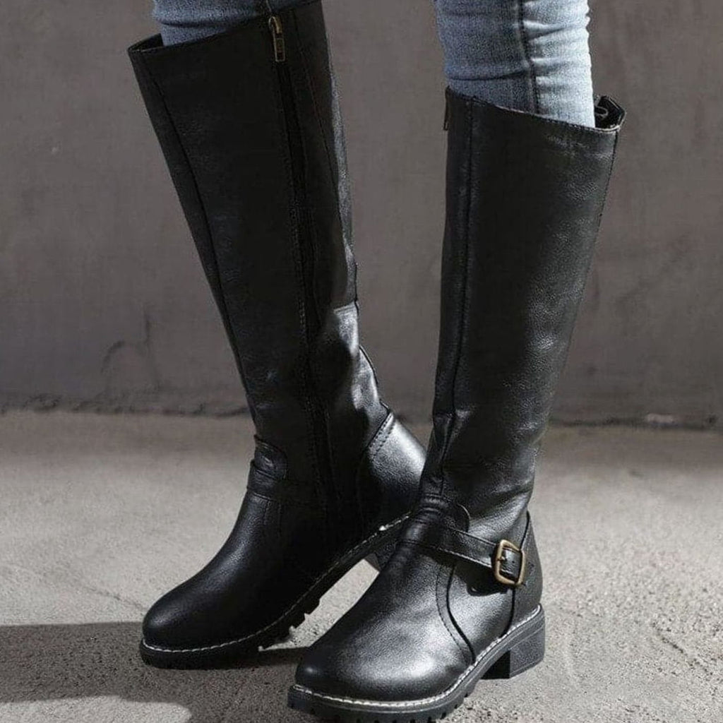Women's Faux Leather Knee High Boots with Buckle Strap Detail